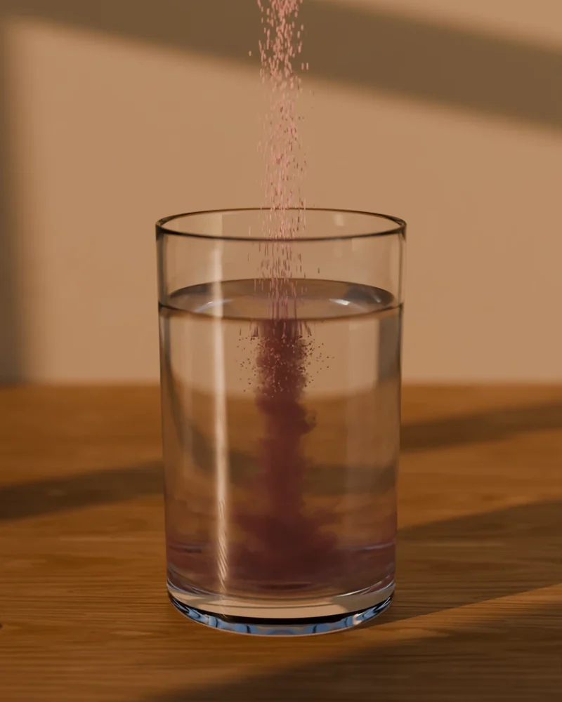 Reddish powder falls into a glass of water in evening light.