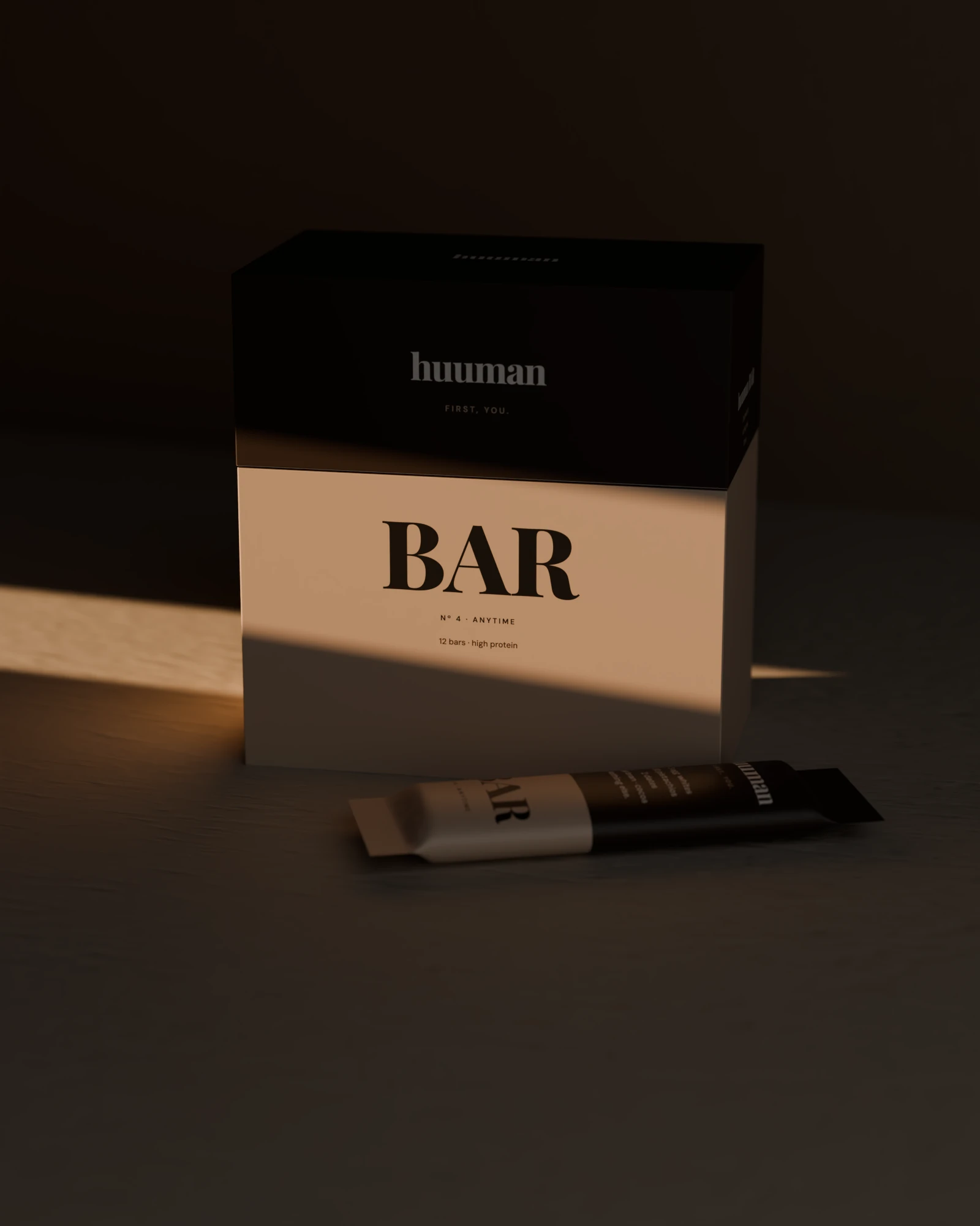 The BAR box in a blade of low light, one bar lying in front of it.