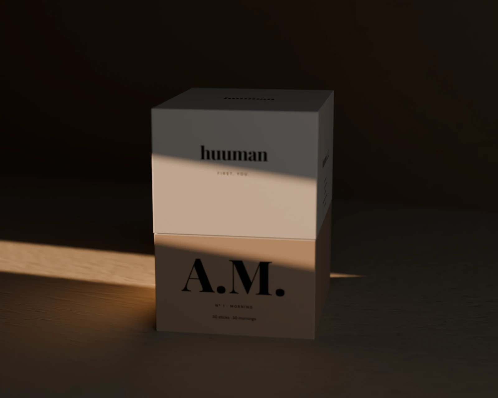 The A.M. box in an early-morning room, one blade of low sun across its front.