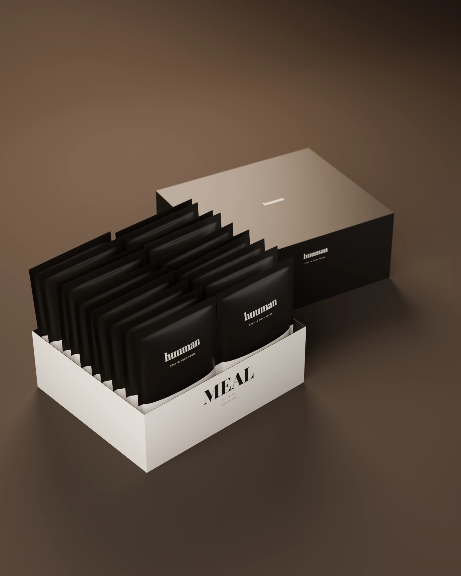 The MEAL box open, twenty sachets standing in two rows, the lid behind it.