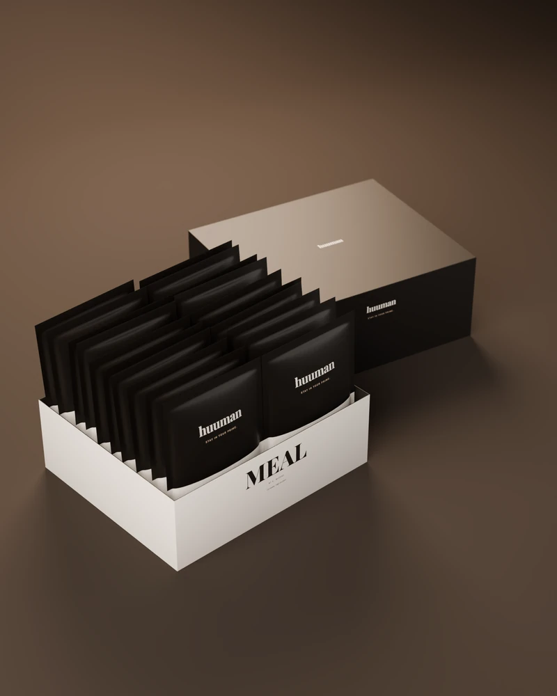 The MEAL box open, twenty sachets standing in two rows, the lid behind it.