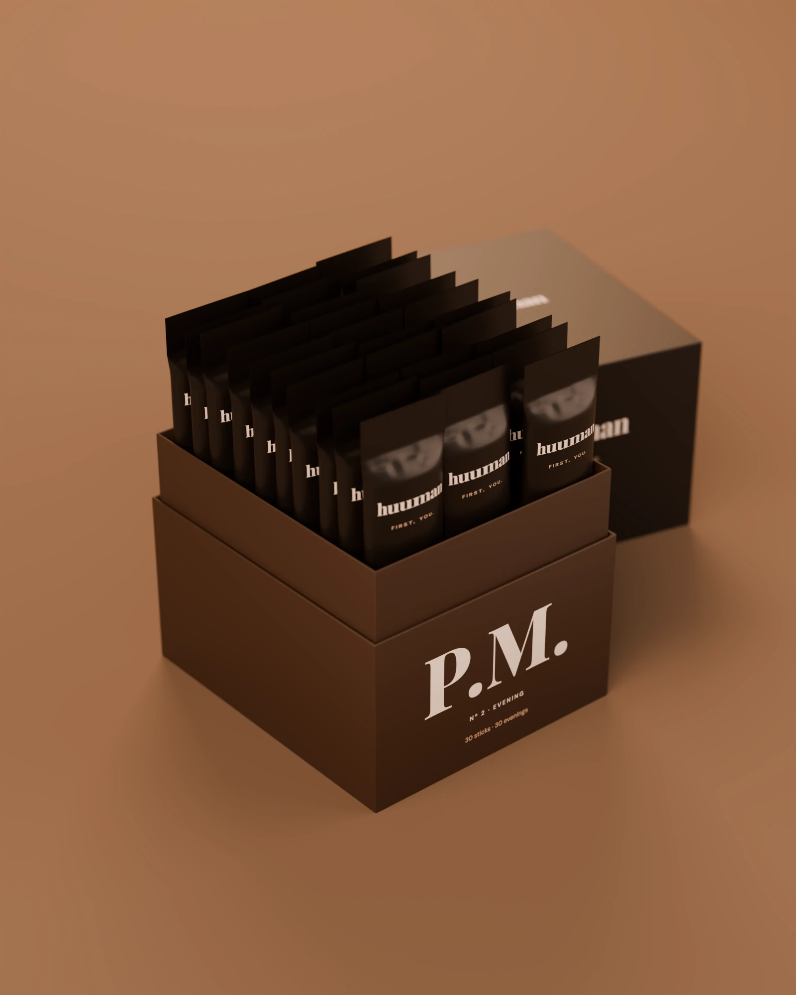 The P.M. box open, thirty dark sticks standing in three rows.